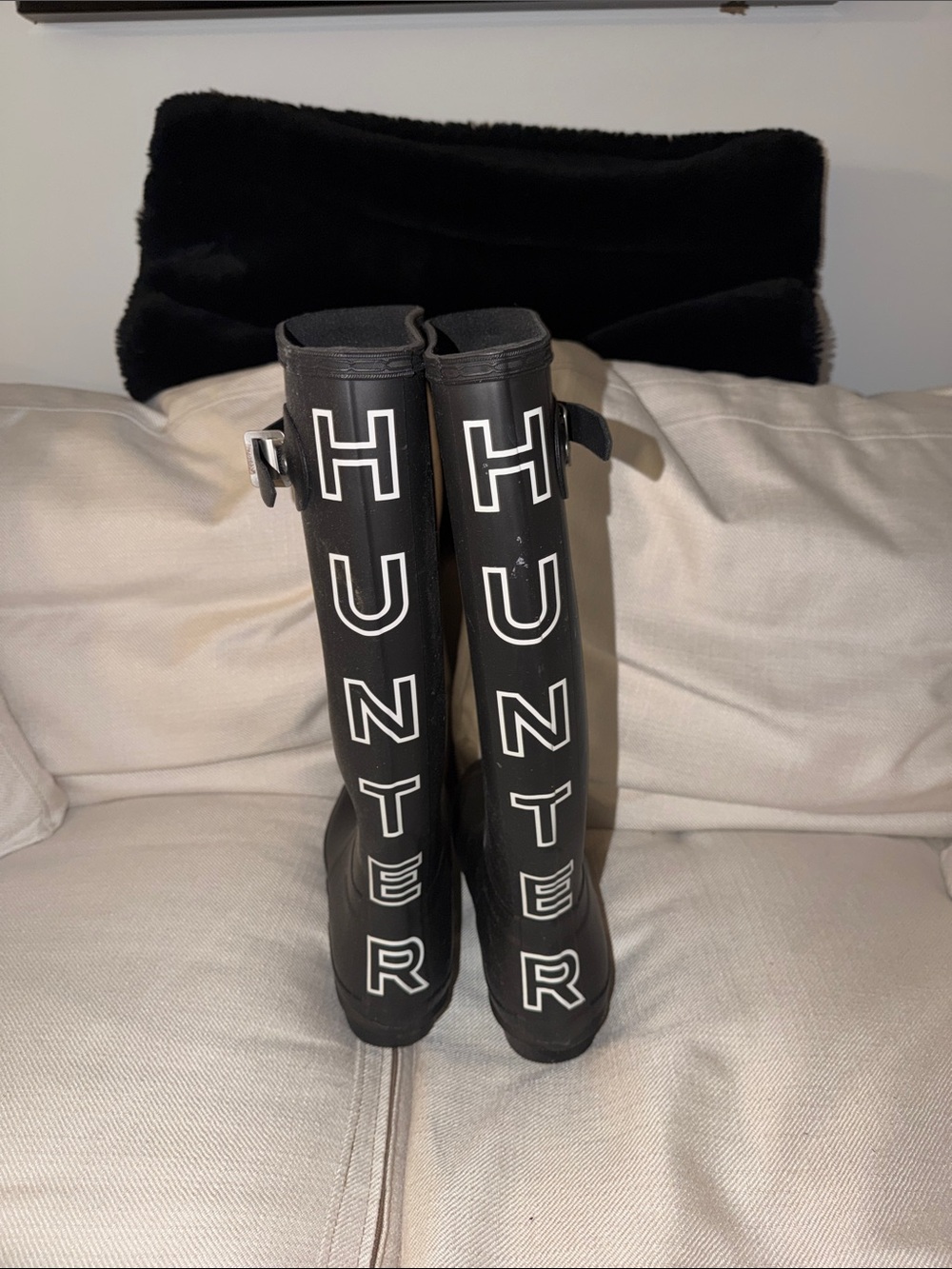 Hunter Black Tall Logo Rain Boots with White Lettering
